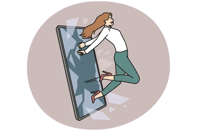 Businesswoman jump out of cellphone  Illustration