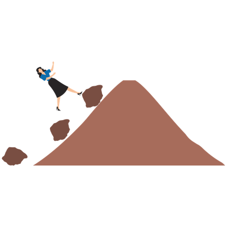 Businesswoman jump over falling boulder to climb up hill of success  Illustration