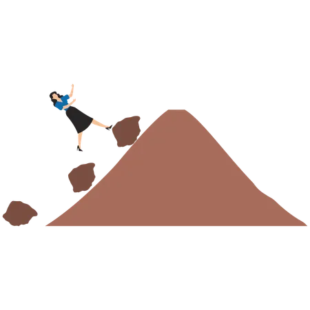 Businesswoman jump over falling boulder to climb up hill of success  Illustration