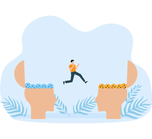 Businesswoman jump over from unhappy to happy emoticon  Illustration