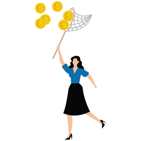 Businesswoman jump to catch golden money coin with butterfly net  Illustration