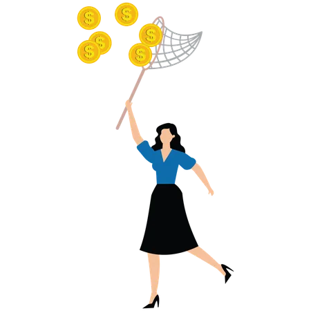 Businesswoman jump to catch golden money coin with butterfly net  Illustration