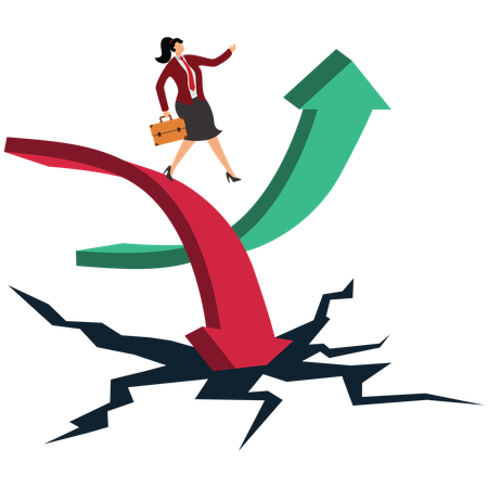 Businesswoman jumping from falling arrow to rising arrow  Illustration