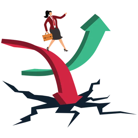 Businesswoman jumping from falling arrow to rising arrow  Illustration