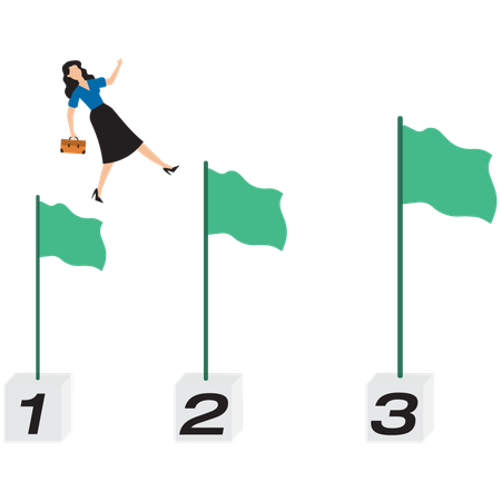 Businesswoman jumping from flag to flag with briefcase in hand  Illustration