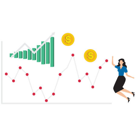 Businesswoman jumping in joy after looking at growth graph  Illustration