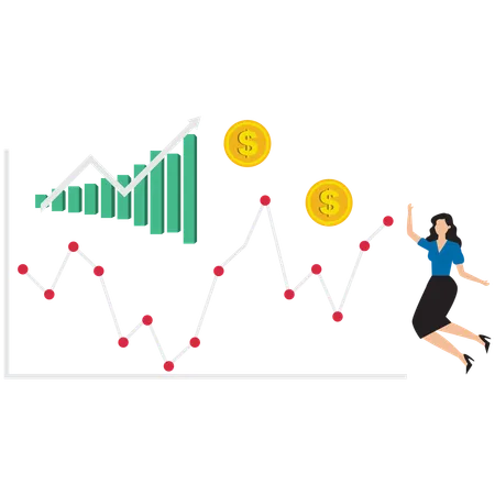 Businesswoman jumping in joy after looking at growth graph  Illustration