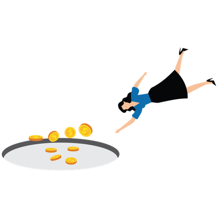 Businesswoman jumping into the trap of falling money  Illustration