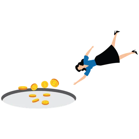 Businesswoman jumping into the trap of falling money  Illustration