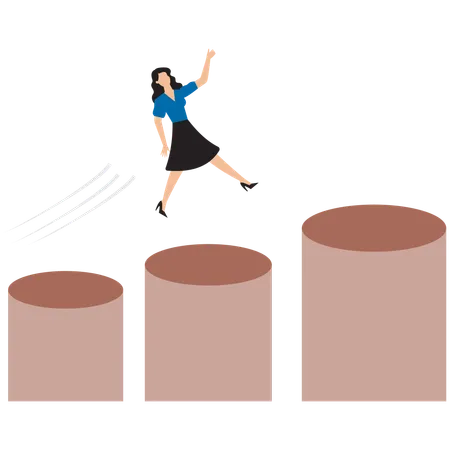 Businesswoman jumping on graph columns  Illustration