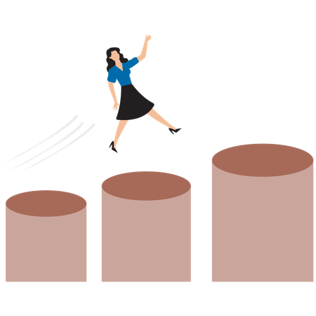 Businesswoman jumping on graph columns  Illustration