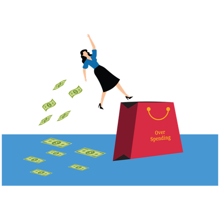 Businesswoman jumping over large shopping bag and money scatters behind her  Illustration