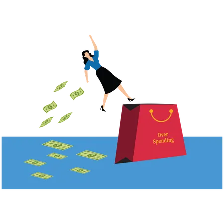 Businesswoman jumping over large shopping bag and money scatters behind her  Illustration