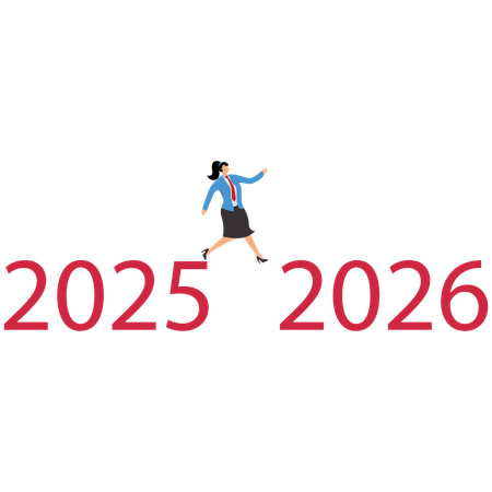 Businesswoman jumps from 2025 to 2026  Illustration