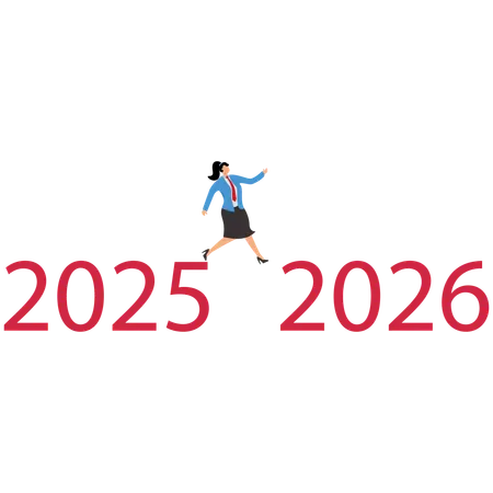 Businesswoman jumps from 2025 to 2026  Illustration