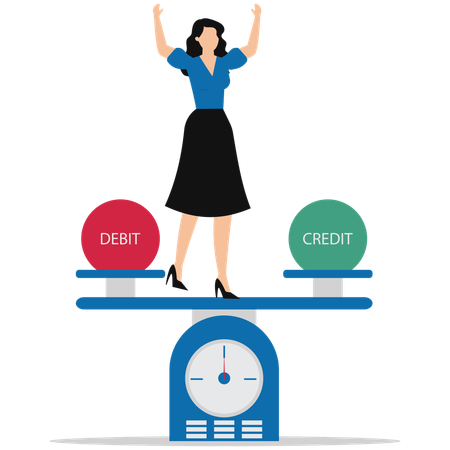 Businesswoman keeping balance between debit and credit on  seesaw  Illustration