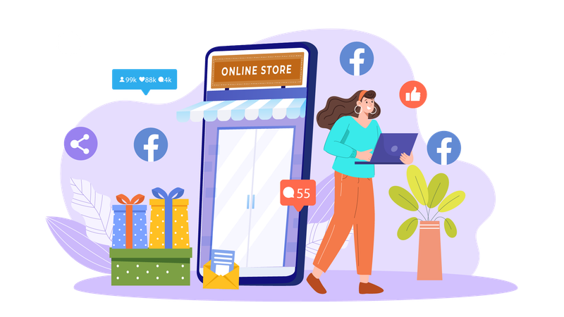 Businesswoman keeps her product in online store of Facebook for selling  Illustration