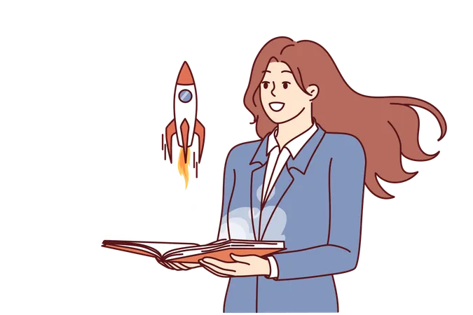 Businesswoman Near Rocket Taking Off From Book Symbolizing Development Of Company Or Successful Career In Large Corporation Woman Launches Startup To Develop Space Tourism And Orbit Tours Illustration