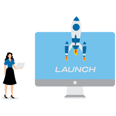 Businesswoman launching business rocket  Illustration