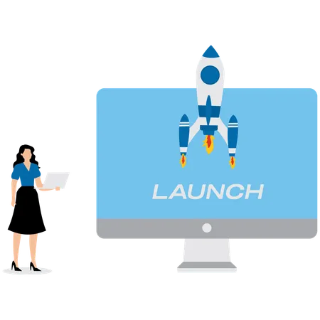 Businesswoman launching business rocket  Illustration