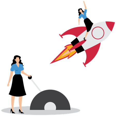 Businesswoman launching business startup rocket  Illustration