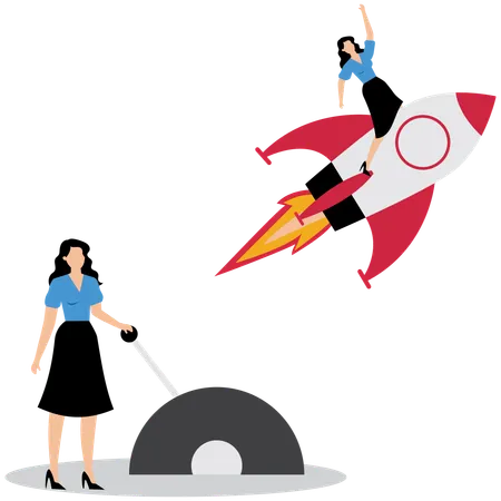 Businesswoman launching business startup rocket  Illustration