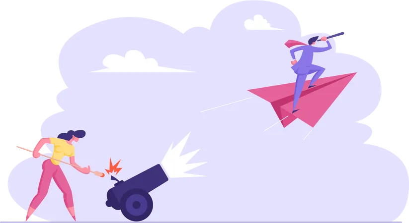 Business Woman Is Setting On Fire The Cannon With Businessman Flying On Paper Plane Goal Achievement Leadership Concept Vector Flat Illustration イラスト