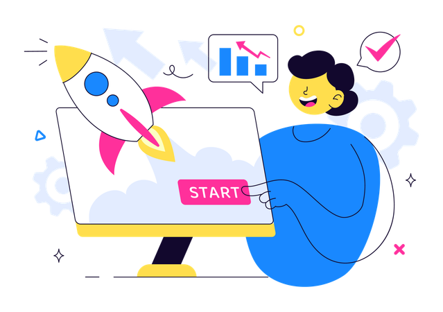 オンラインビジネススタートアップを立ち上げるビジネスウーマン  イラスト