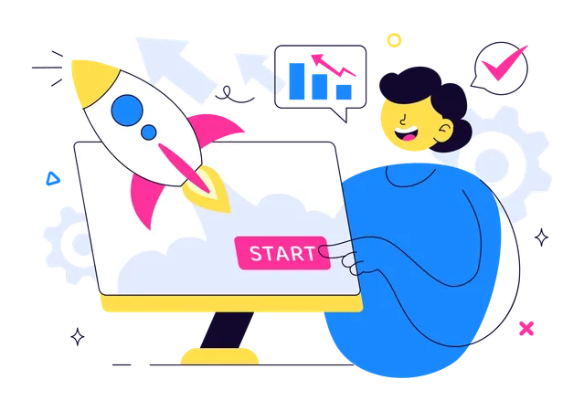 オンラインビジネススタートアップを立ち上げるビジネスウーマン  イラスト