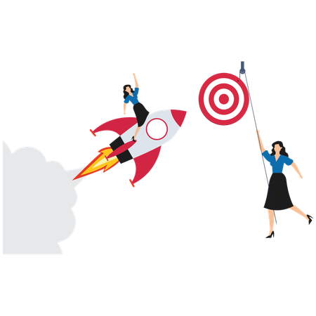 Businesswoman launching rocket to achieve target  Illustration