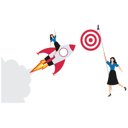 Businesswoman launching rocket to achieve target  Illustration