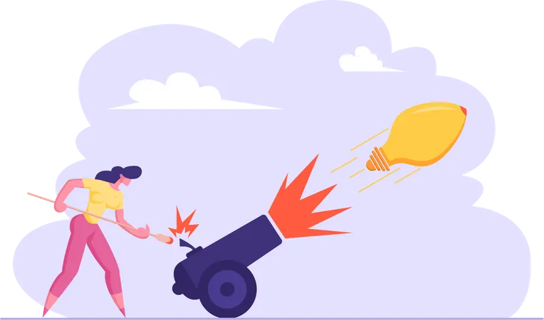 Business Woman Is Setting On Fire The Cannon With Light Bulb Idea Symbol Career Growth Goal Achievement Leadership Business Innovation Concept Vector Flat Illustration イラスト