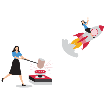 Businesswoman launching startup rocket  Illustration