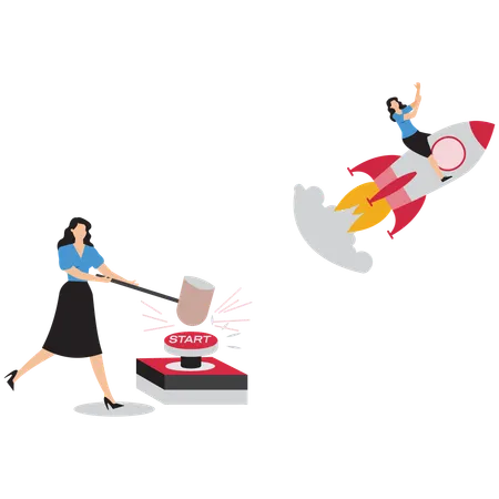 Businesswoman launching startup rocket  Illustration