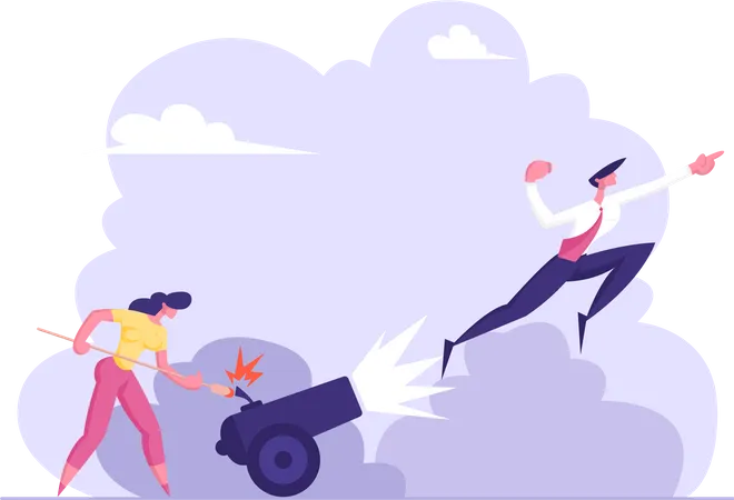Business Woman Is Setting On Fire The Cannon With Businessman Flying Up Career Growth Goal Achievement Leadership Business Solution Concept Vector Flat Illustration イラスト