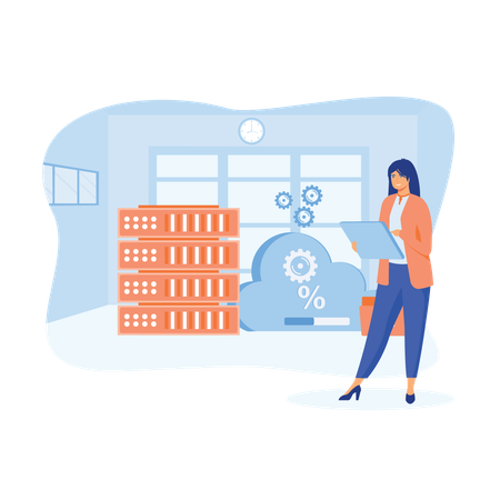 Businesswoman loads file from database server  Illustration