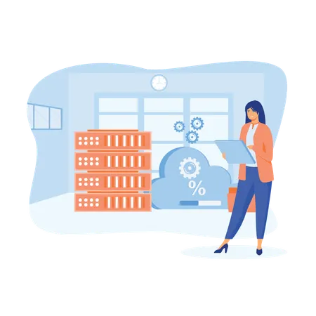 Businesswoman loads file from database server  Illustration