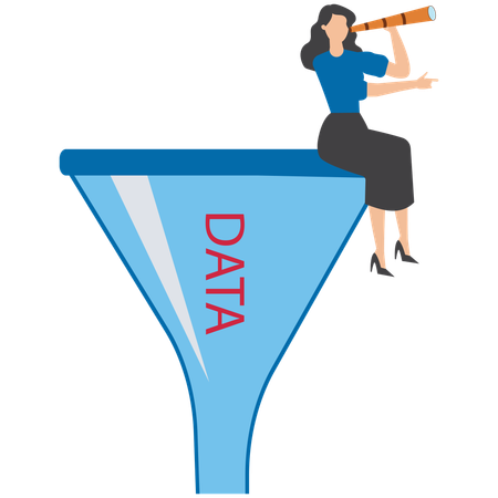 Businesswoman look through binocular at marketing funnel analyzing customer data and conversion rate  Illustration