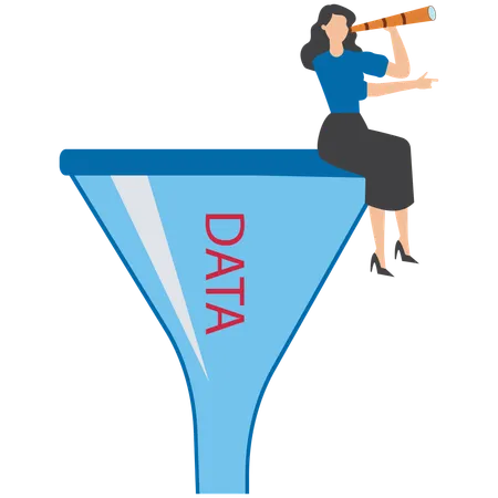Businesswoman look through binocular at marketing funnel analyzing customer data and conversion rate  Illustration