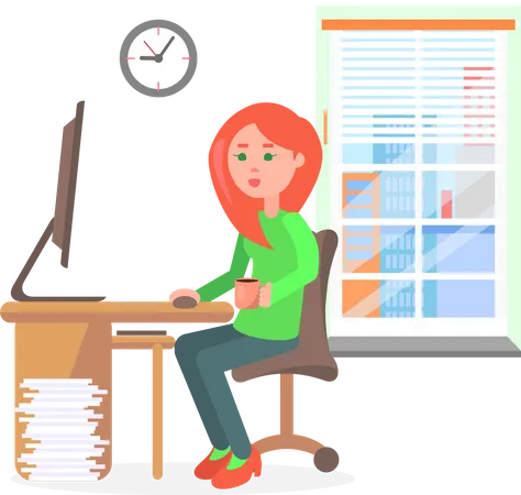 Woman Working By Table In Bright Office Businesswoman Looking At Computer And Holding Cup Of Coffee Interior With Furniture Vector Illustration Illustration