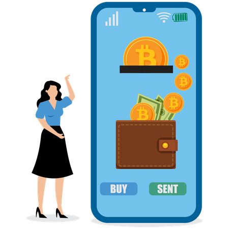 Businesswoman looking at digital wallet  Illustration