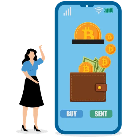 Businesswoman looking at digital wallet  Illustration