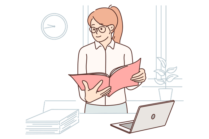 Businesswoman looking at file at office  Illustration