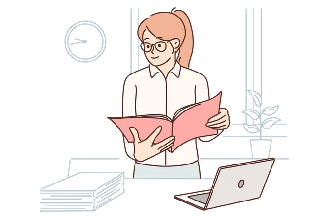 Businesswoman looking at file at office  Illustration