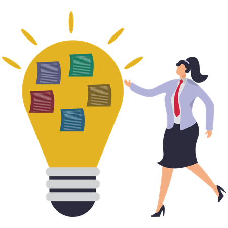 Businesswoman looking at many notes attached to bulb  Illustration