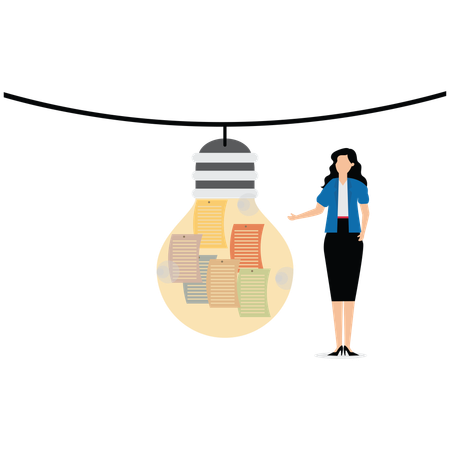 Businesswoman looking at many notes attached to bulb  Illustration