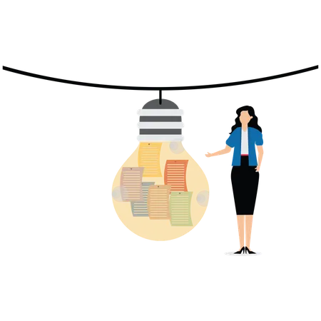 Businesswoman looking at many notes attached to bulb  Illustration