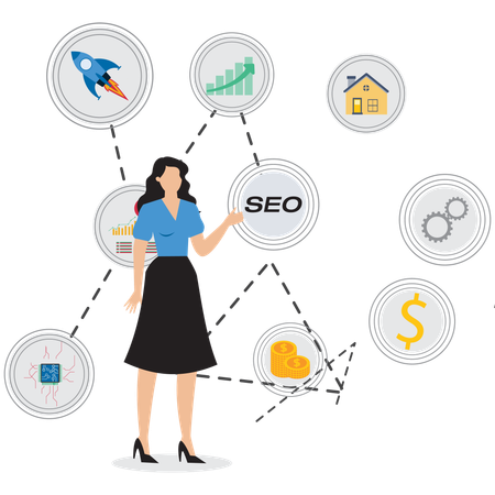 Businesswoman looking at SEO optimisation  Illustration