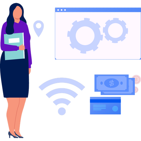 Businesswoman looking at settings on web page  Illustration