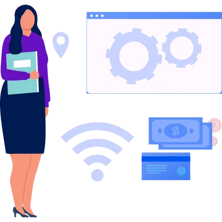 Businesswoman looking at settings on web page  Illustration